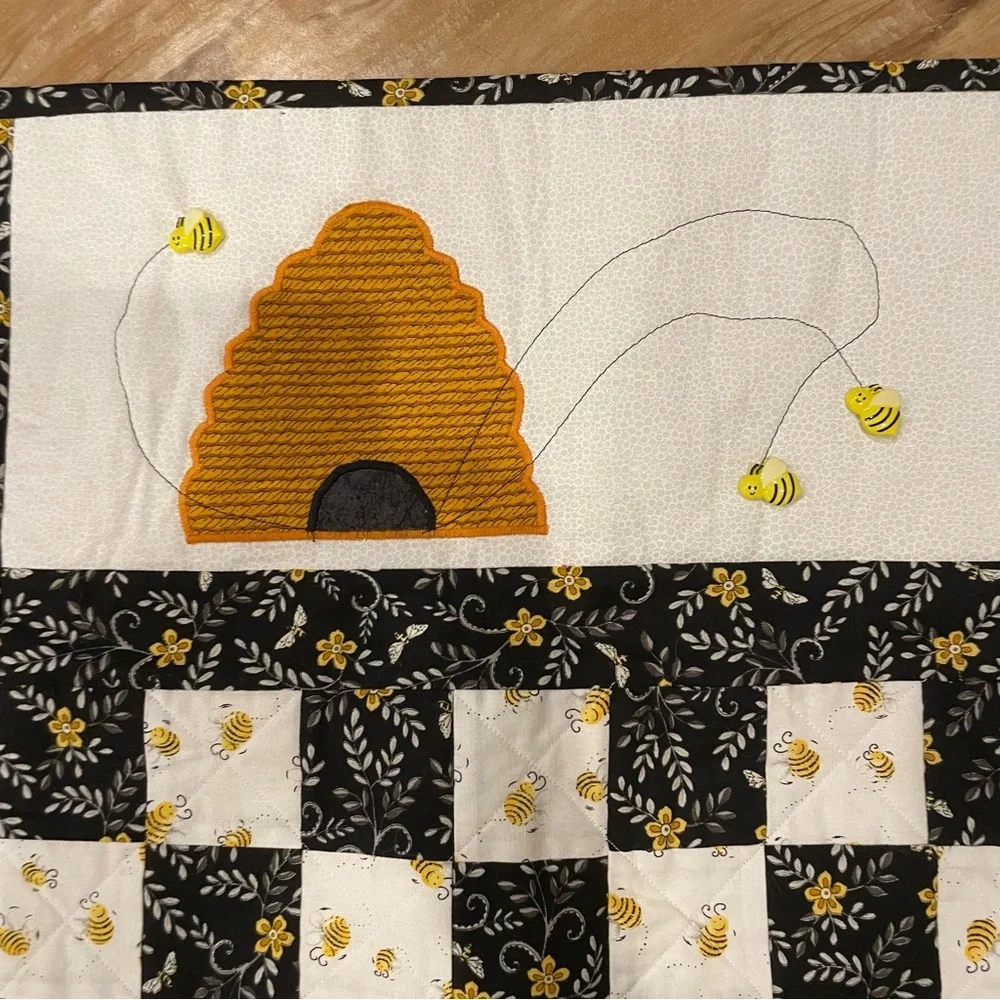 Handcrafted Black and White Quilt honey bee themed with embellishments, 19”x31”